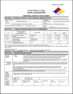 example front page of MSDS for lead acid battery