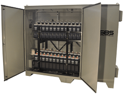 3 door battery cabinet with battery racking and stationary batteries