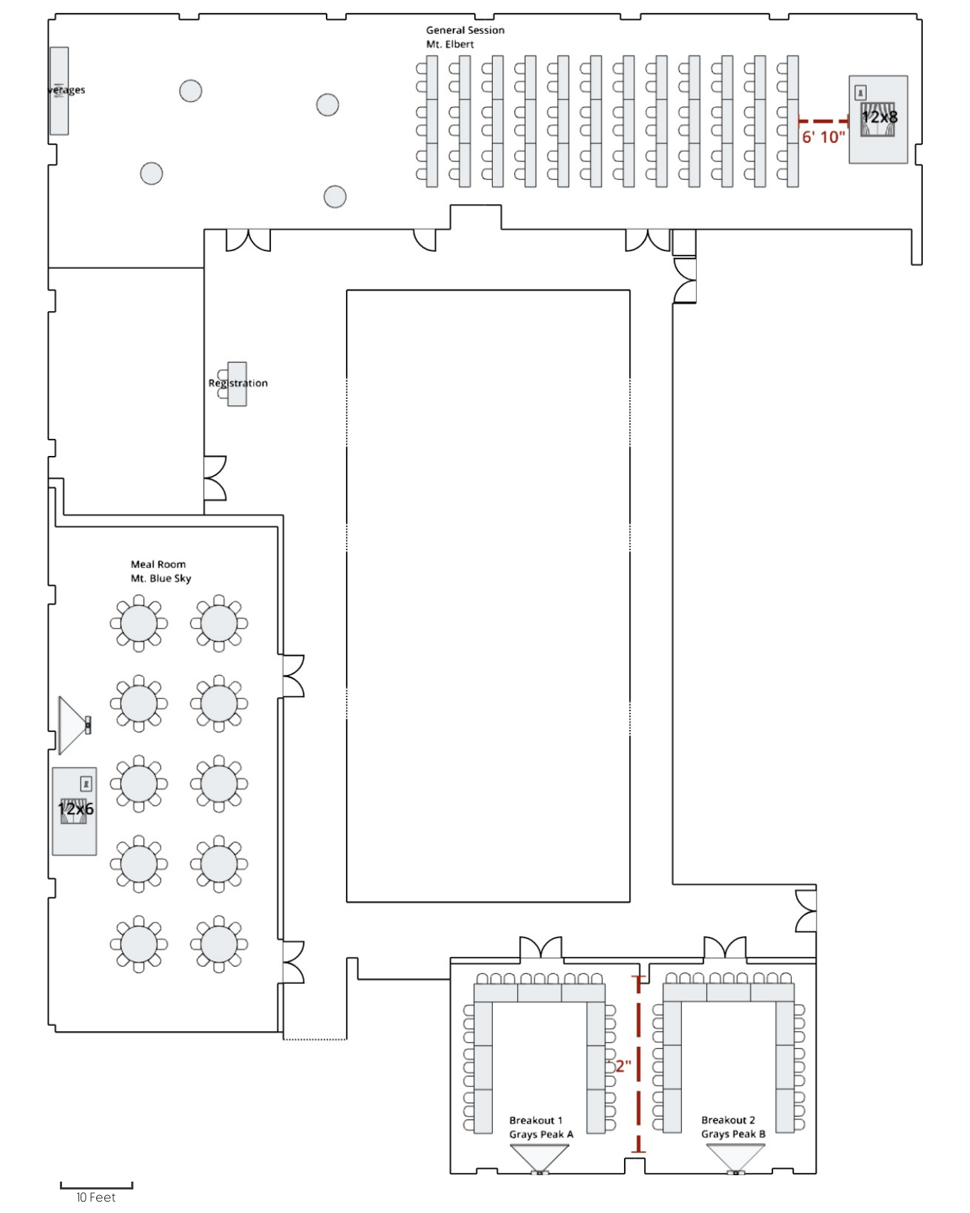 Grand Hyatt Denver second-floor meeting room diagram showing Mt. Elbert, Mt. Blue Sky, Grays Peak A, Grays Peak B and the registration area